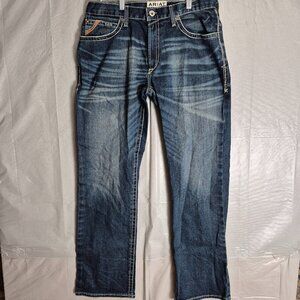 Ariat M4 Relaxed Boot Cut Jeans Men's 34x34 Blue Denim Whiskered Western Cowboy